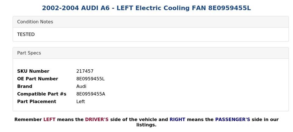 AUDI A6 2002-2004 - VENTILADOR ELÉCTRICO IZQUIERDO 8E0959455L Foto 3 de 4