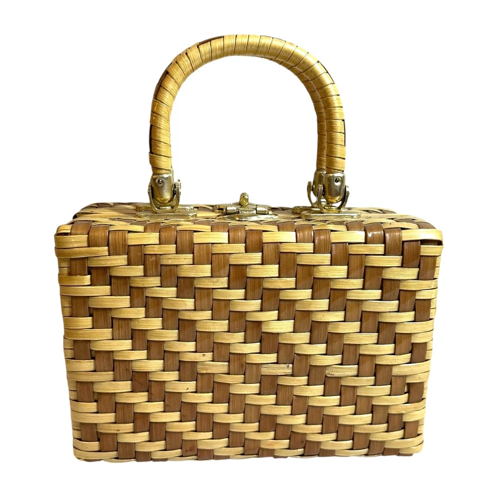 Винтажный 50-х/60-х коричневый и бежевый сплетенный соломы коробка сумка Дамская сумка Гонконг - Изображение 3 из 4