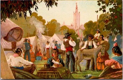 Vintage Spanish Camp Scene Postcard Gypsy Caravan, Musicians [AA]