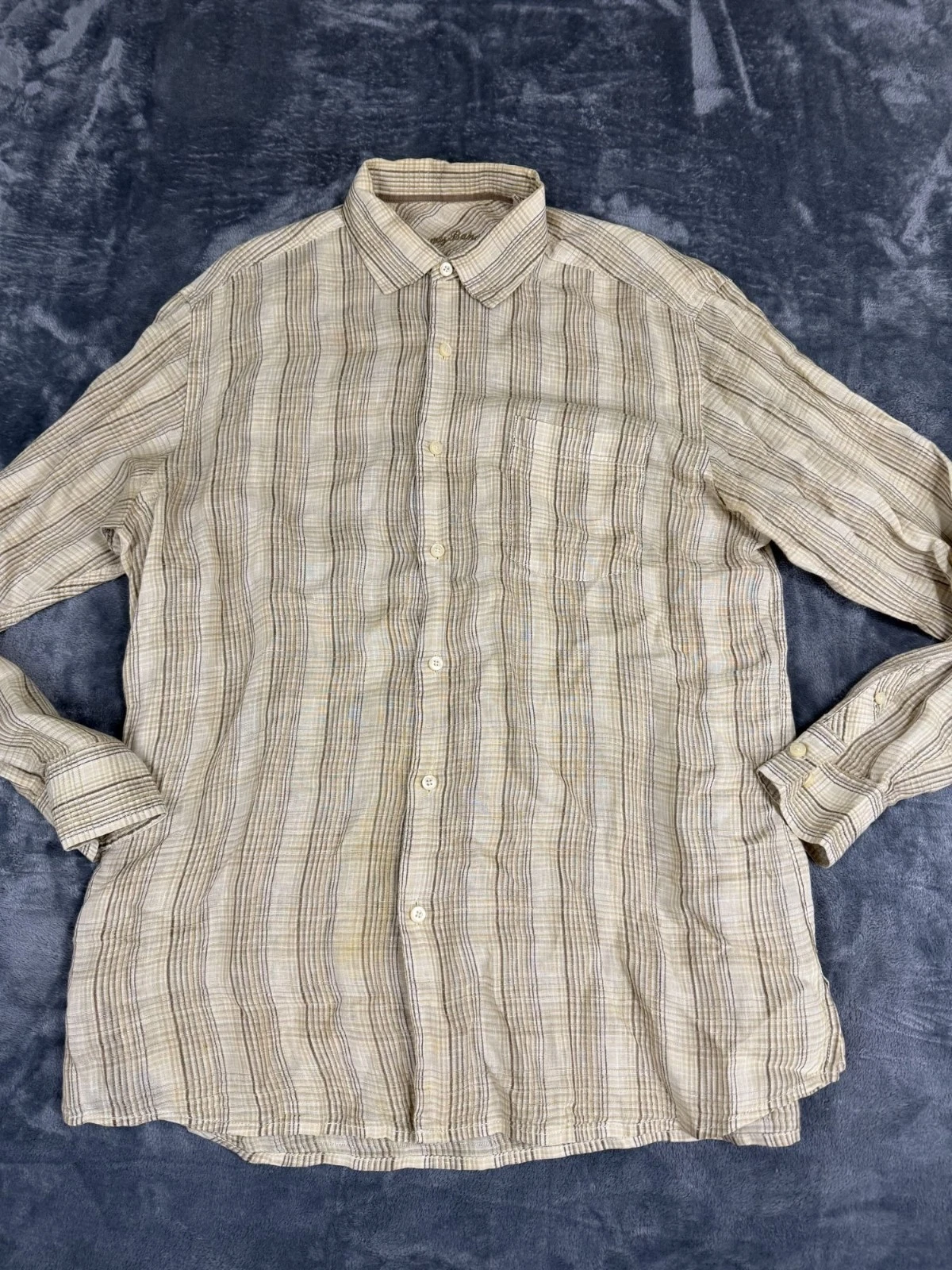 Tommy Bahama Mens Beige Striped Long Sleeve Button-Down Shirt L