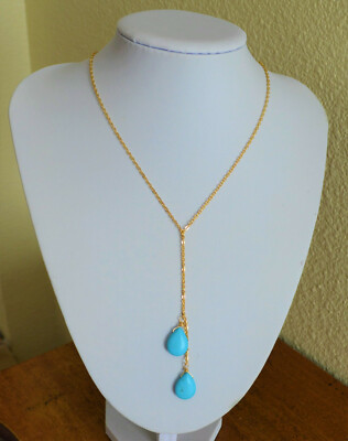 Blau Türkis Doppel Hänger Träne Birne Gelbgold Lariat Halskette 