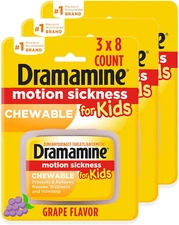 Kids Chewable, Motion Sickness Relief, Grape Flavor, 8 Count, 3 Pack