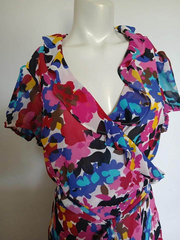 Chadwick's  Op Art Pink Blue Wrap Look Dress 18 Ruffled Neckline Summer Party Foto 4 de 4