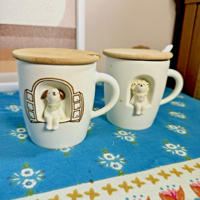 Animal in Alcove Ceramic Lion & Dog Mug Set / Coffee Cup w Spoon & Bamboo Lid 