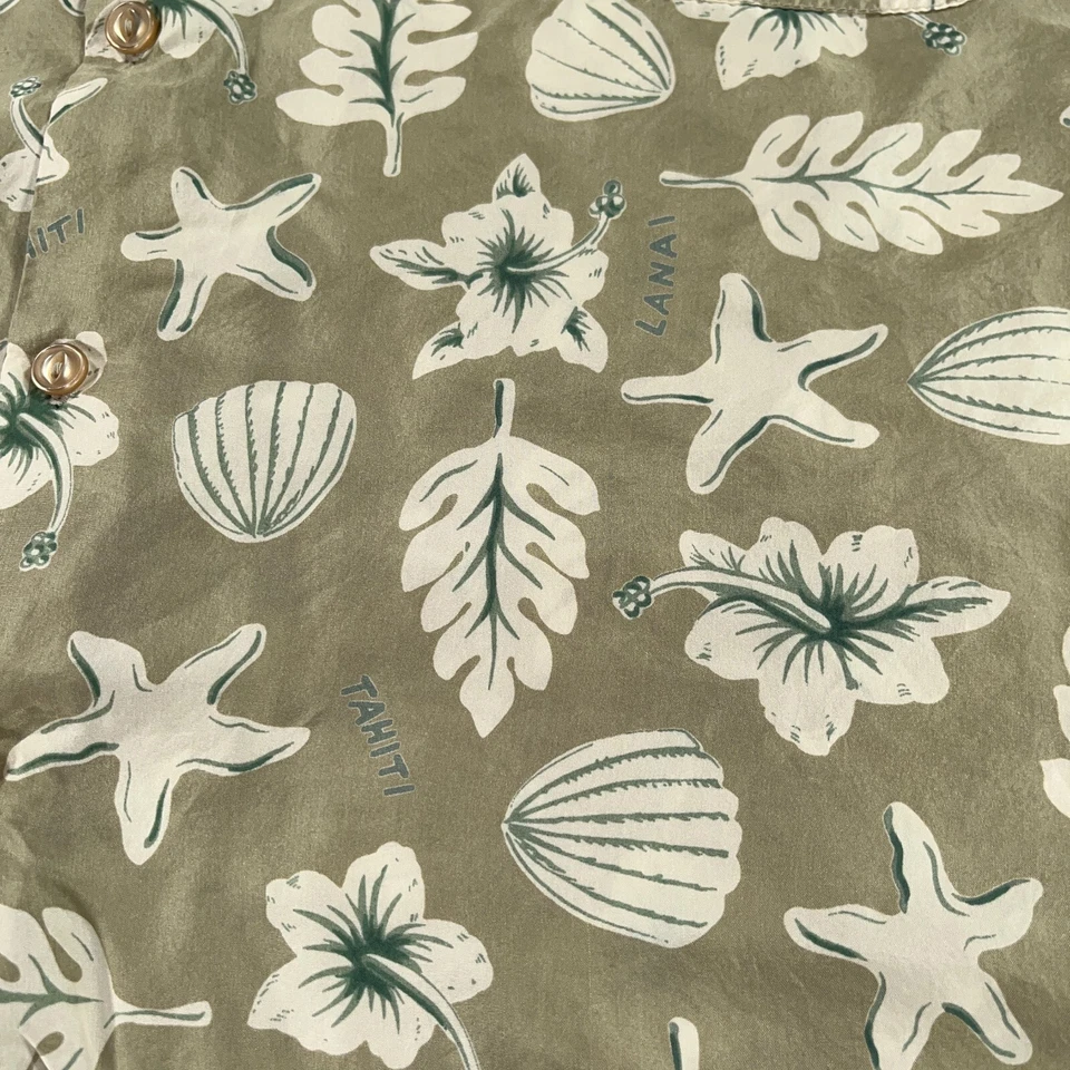 复古 Robert Stock 夏威夷衬衫男式 XL 米色丝绸花卉贝壳印花 90 年代 Aloha — 第 4/4 张图片