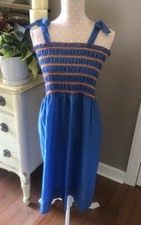 Vintage Blue Smocked Ruffle Sundress Size Medium Blue Red Yellow Super Cute