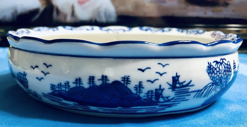 7” Pottery Chinoiserie Blue/White Round Planter Bowl Plant/Bonsai/Succulent/Bulb
