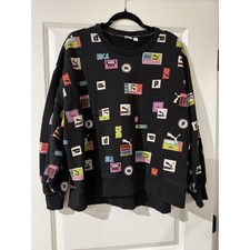 Puma All Over Logo Print Black Crewneck Sweatshirt Women XL