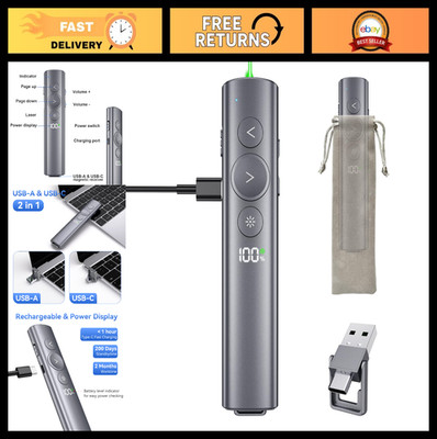 Rechargeable Wireless Presentation Clicker with Green Laser Pointer, USB-A & USB