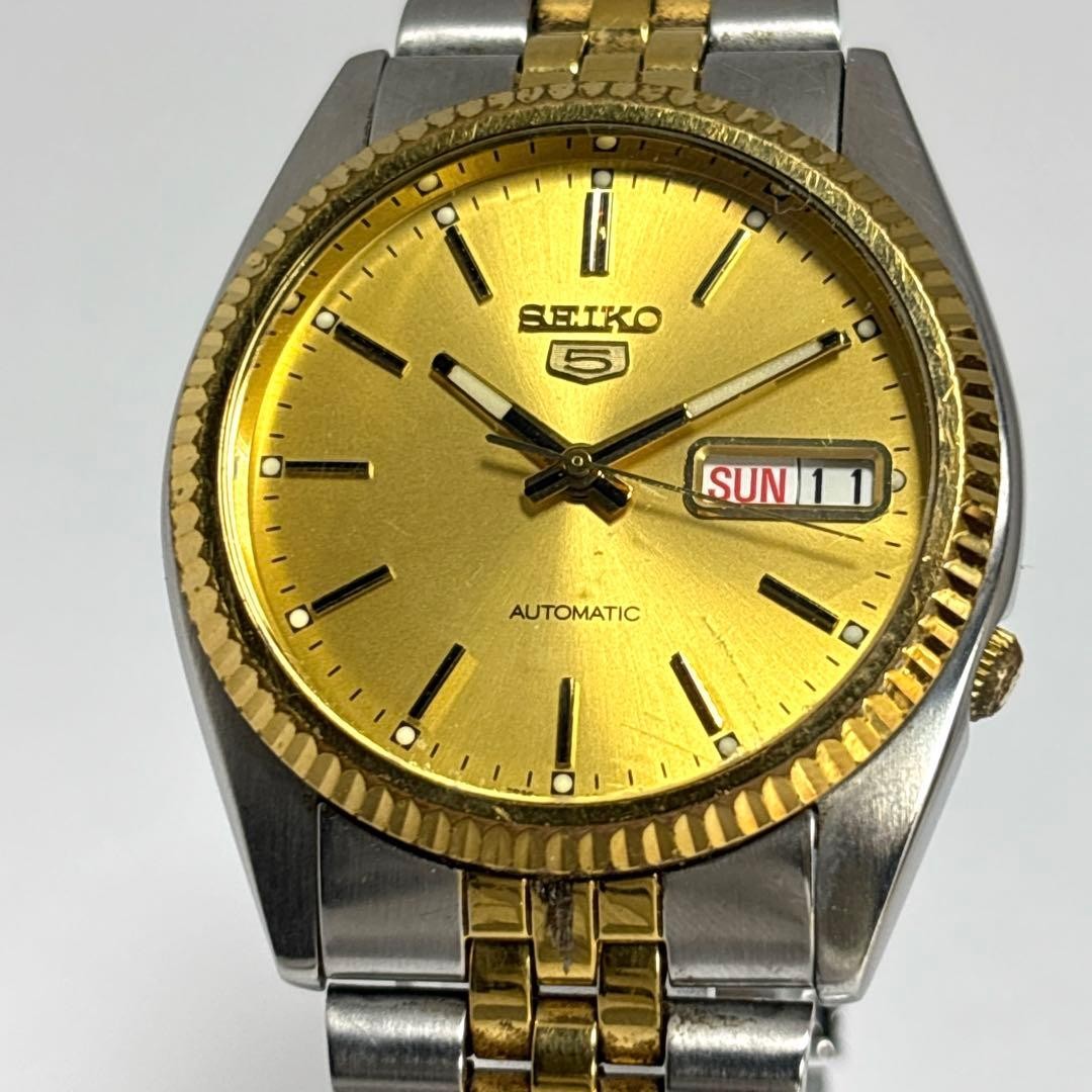 Seiko 5 Automatic Mens Combi Color Vintage Gold Dial image 3