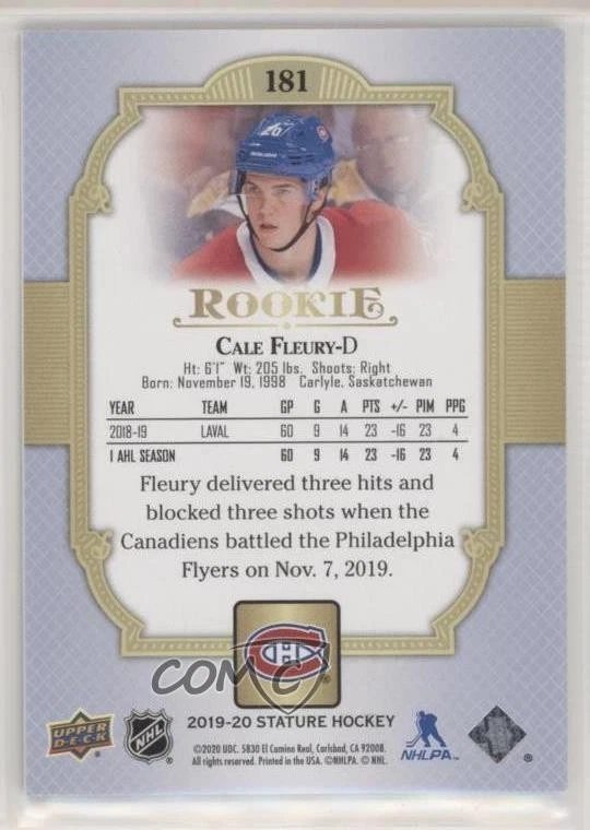 2019 Upper Deck Stature Rookies Portrait Variant 31/85 Cale Fleury Rookie RC 0c6 - Image 2 of 3