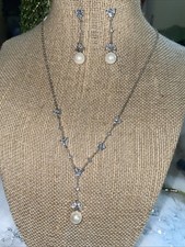 Bridal Set Cz Trillons With A Lovely Pearl Drop. Necklace And Pierced Earrings