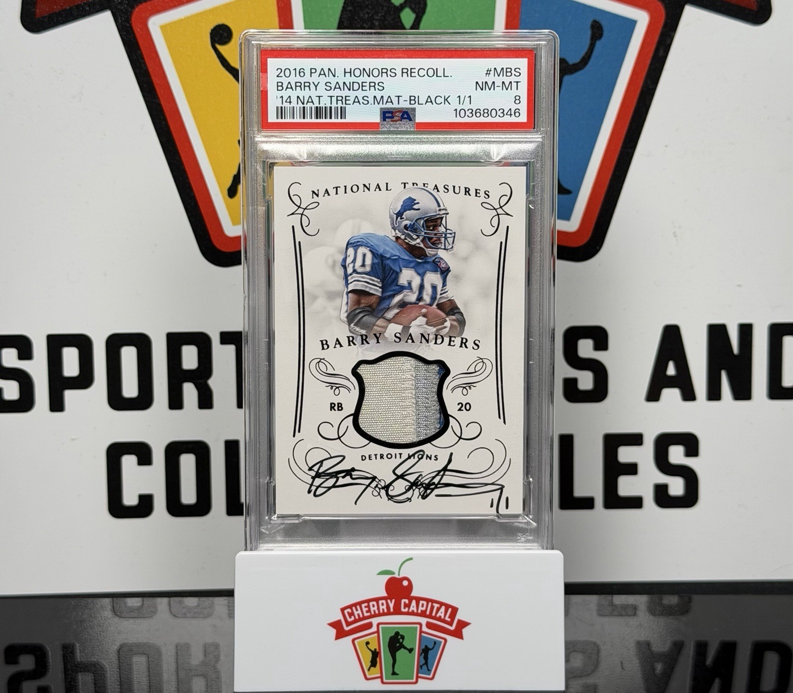 2016 Panini Honors Barry Sanders ‘14 NT Black 1/1 Game-Used Patch Auto PSA 8