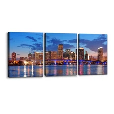 Pacimo Cityscape Wall Art Set of 3 - Miami Beach Skyline Night Cityscape Miam...