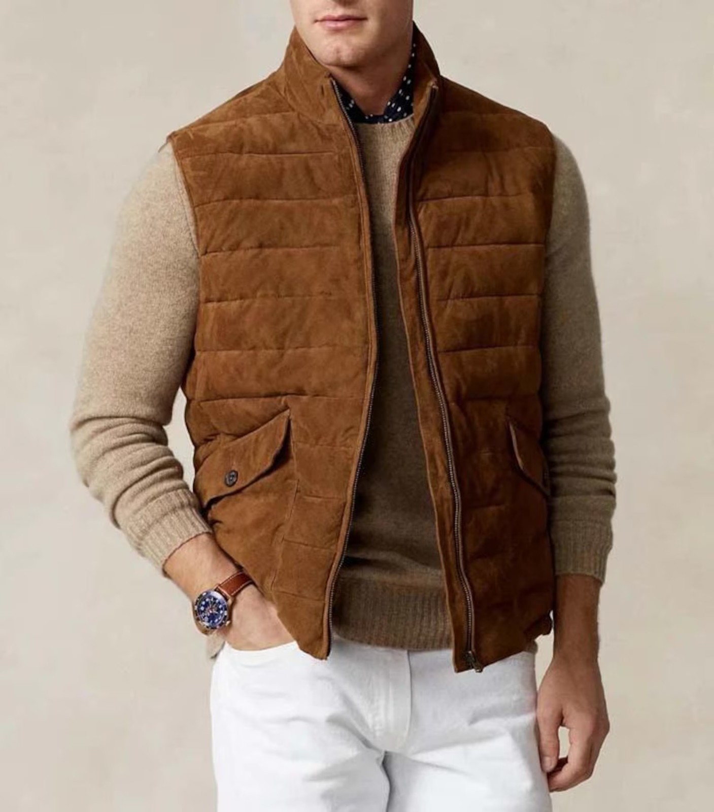 Men's Tan Real Suede Leather Quilted Vest Zip Up Sleeveless Casual Jacket