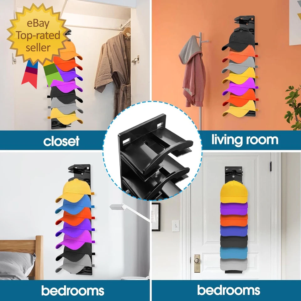 Organizador de sombreros para gorras de béisbol de 2 piezas, soporte para sombreros montado en la pared con adhesivo fuerte Foto 4 de 4