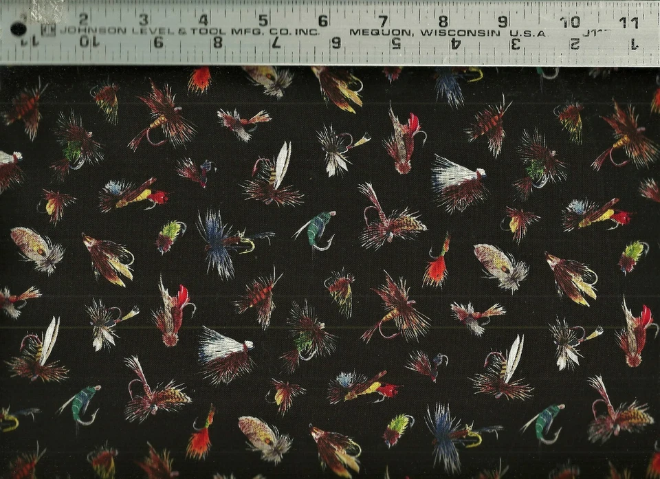Elizabeth's Studio Realistic Fishing Flies on Black 100% Cotton Quilt Fabric BTY