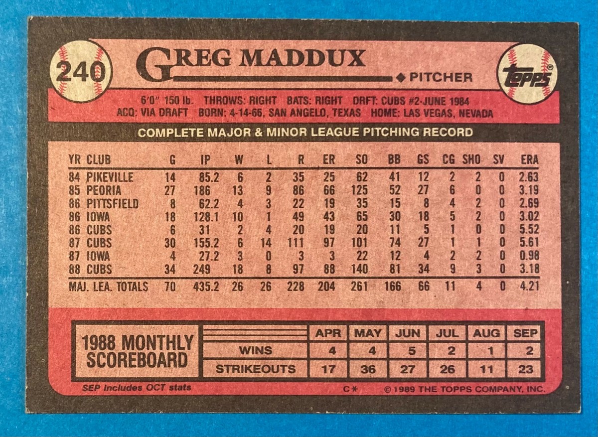 1989 Topps Greg Maddux #240 Baseball Card Chicago Cubs (4x CYA/HOF