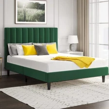 Queen Size Velvet Upholstered Vertical Channel Platform Bed with Headboard/Green