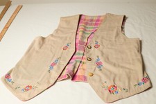 VTG 1970s Reversible 3-Buttton Vest Embroidered Tan Twill Preppy Pink Plaid S/M