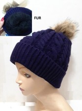 Solid Navy Blue Fur Lining Braided Warm Ski Winter Beanie Hat Knit Fur Pom Pom