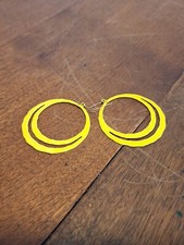 Vintage 80's Bright Yellow Large Metal Double Hoop Pierced Earrings