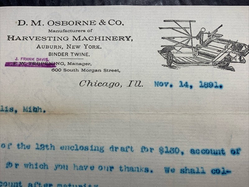 Agricultural Billhead Osborne Harvesting Machinery Auburn New York Chicago 1891
