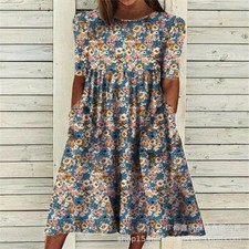 Women's sweet round neck printed large loose swing dress with long waist