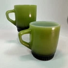 Vintage Set Of 2 Anchor Hocking Fire King Ware Milk Glass Green & Black Mugs USA