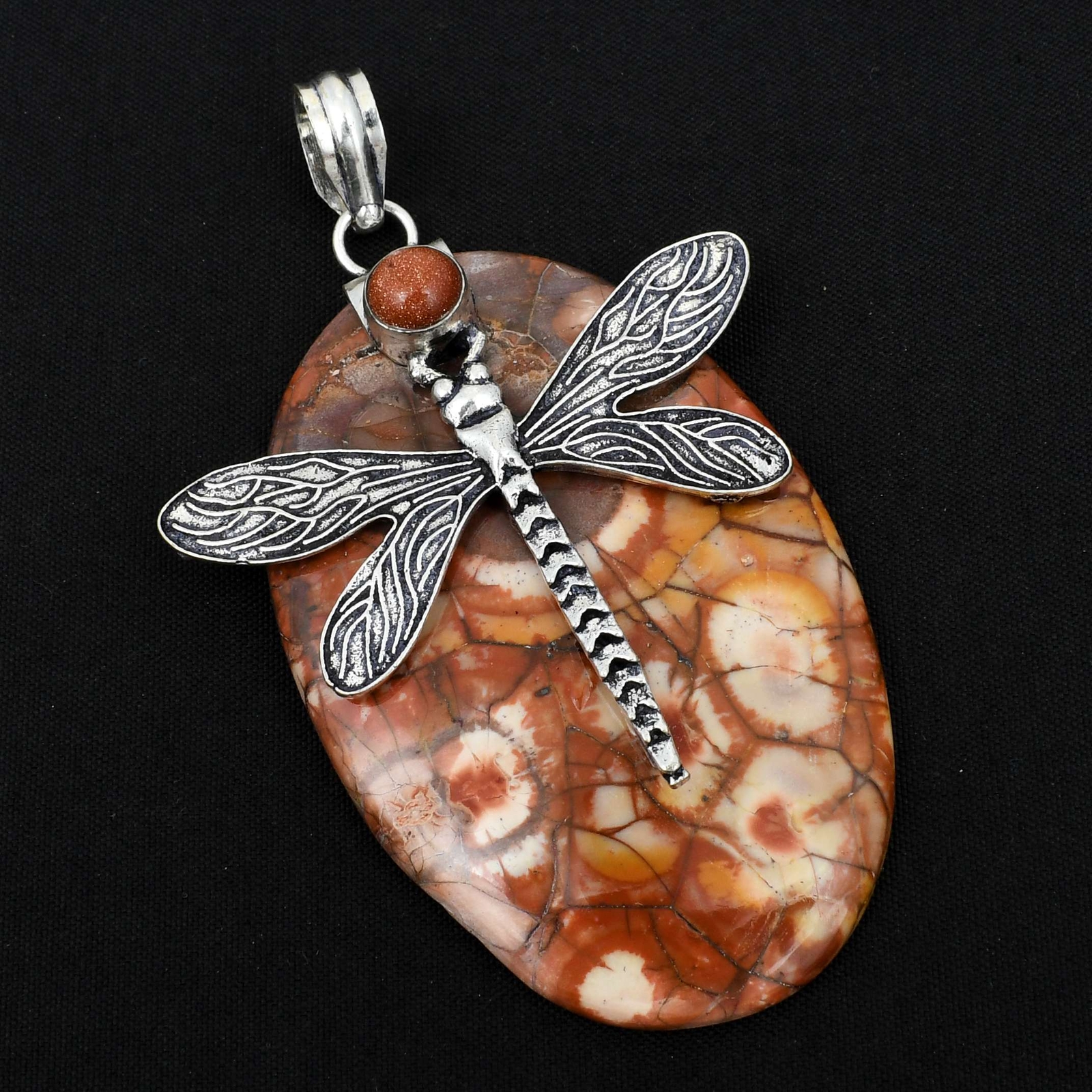 Mexican Bird Eye Goldstone Gemstone Dragonfly Pendant Jewelry 3.2" AP