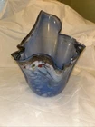 Vintage Murano Glass Vase 12” Blue Gold Swirl, Ruffled Edge, Hand-Blown Italy