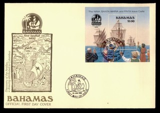 DR WHO 1990 BAHAMAS FDC #692 COLUMBUS FIRST LANDFALL S/S OFFICIAL CACHET w33440