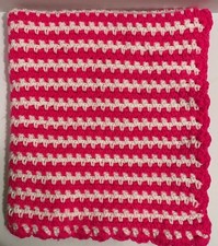 HAND MADE CROCHETED BABY BLANKET IN HOT PINK  WHITE, 34"L X 30" W, NEW