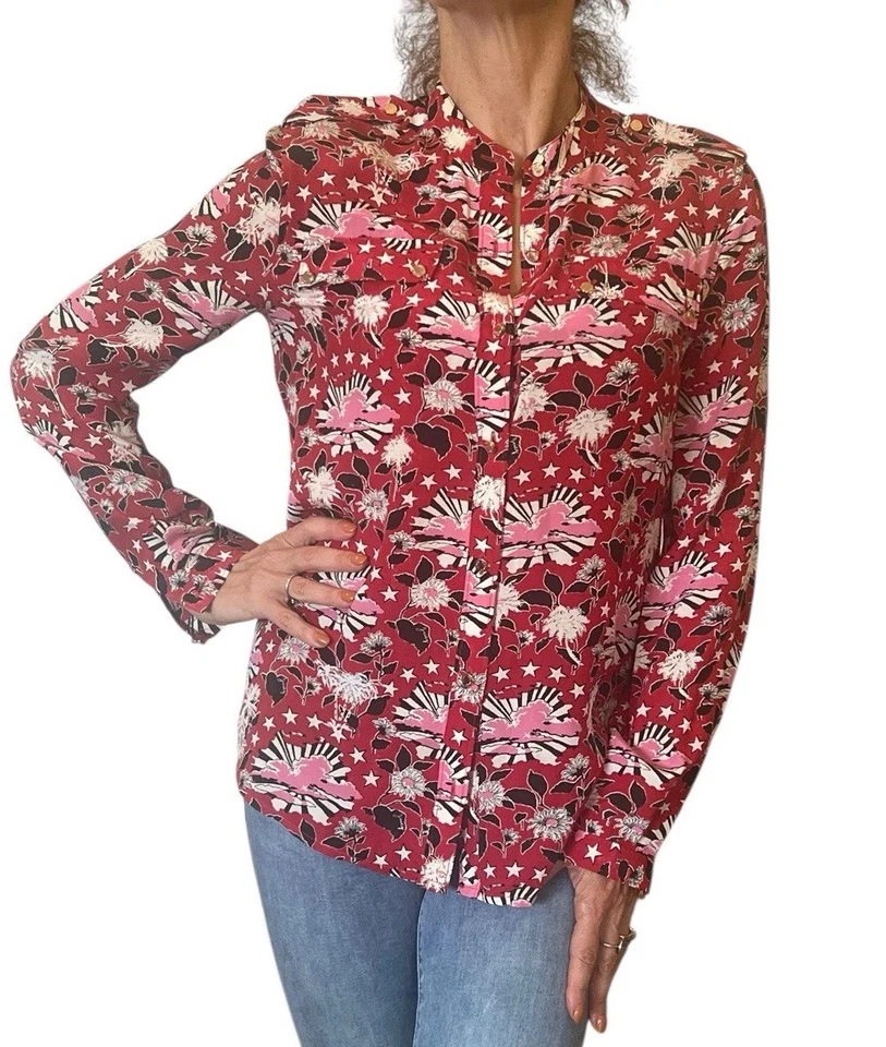Blusa JUICY COUTURE Roja Seda Boho Camisa Estampado Floral Utilitaria Manga Larga 2 Foto 2 de 4