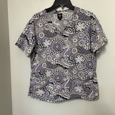 Med Couture Scrub Top Womens Small Purple Floral V Neck Short Sleeve Pullover