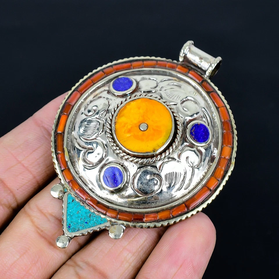 Ciondolo Corallo Lapislazzuli Turchese Argento Sterling 925 Tibetano... - Immagine 3 di 4