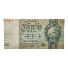 German Currency: 1933 Germany 50 Reichsmark Paper Money Banknote - P# 182