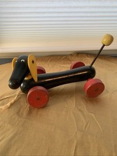 Vintage BRIO Black Wooden Dachshund Weiner Dog Pull Toy Black Red Yellow 8"