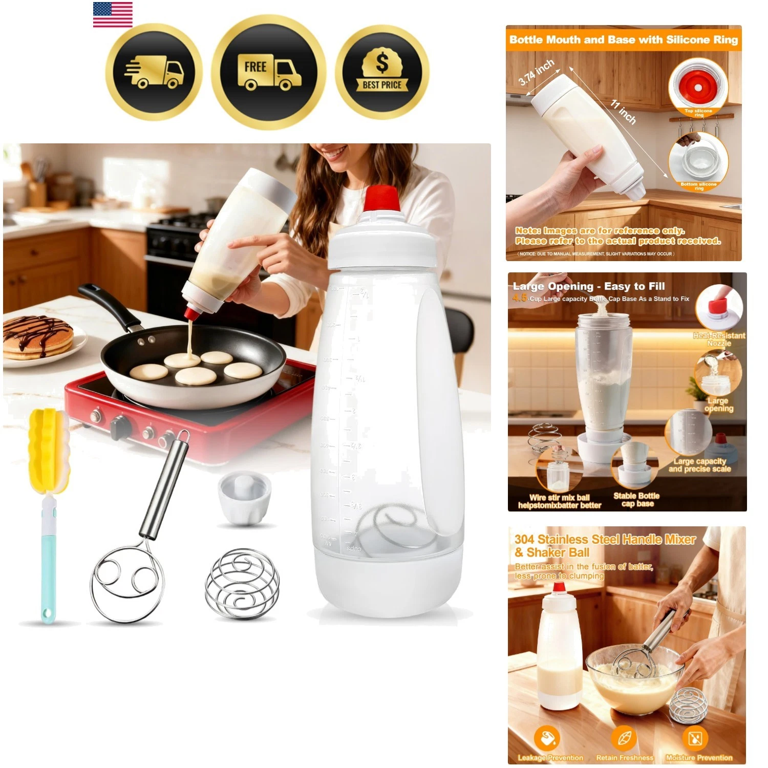 Pancake Batter Dispenser Bottle Kit - 4.5-Cup Pancakes Mixer with Shaker Ball...