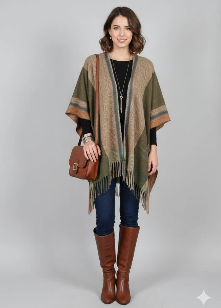 Vince Camuto Boho Brown & Olive Herringbone Striped W/ Fringe Open Front Poncho