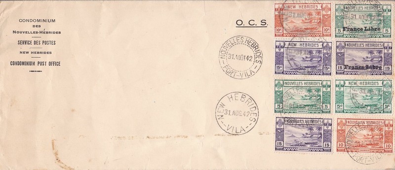 1942 New Hebrides British #50-52/French #55-57,#67,#69 on large cover; boat  *d2