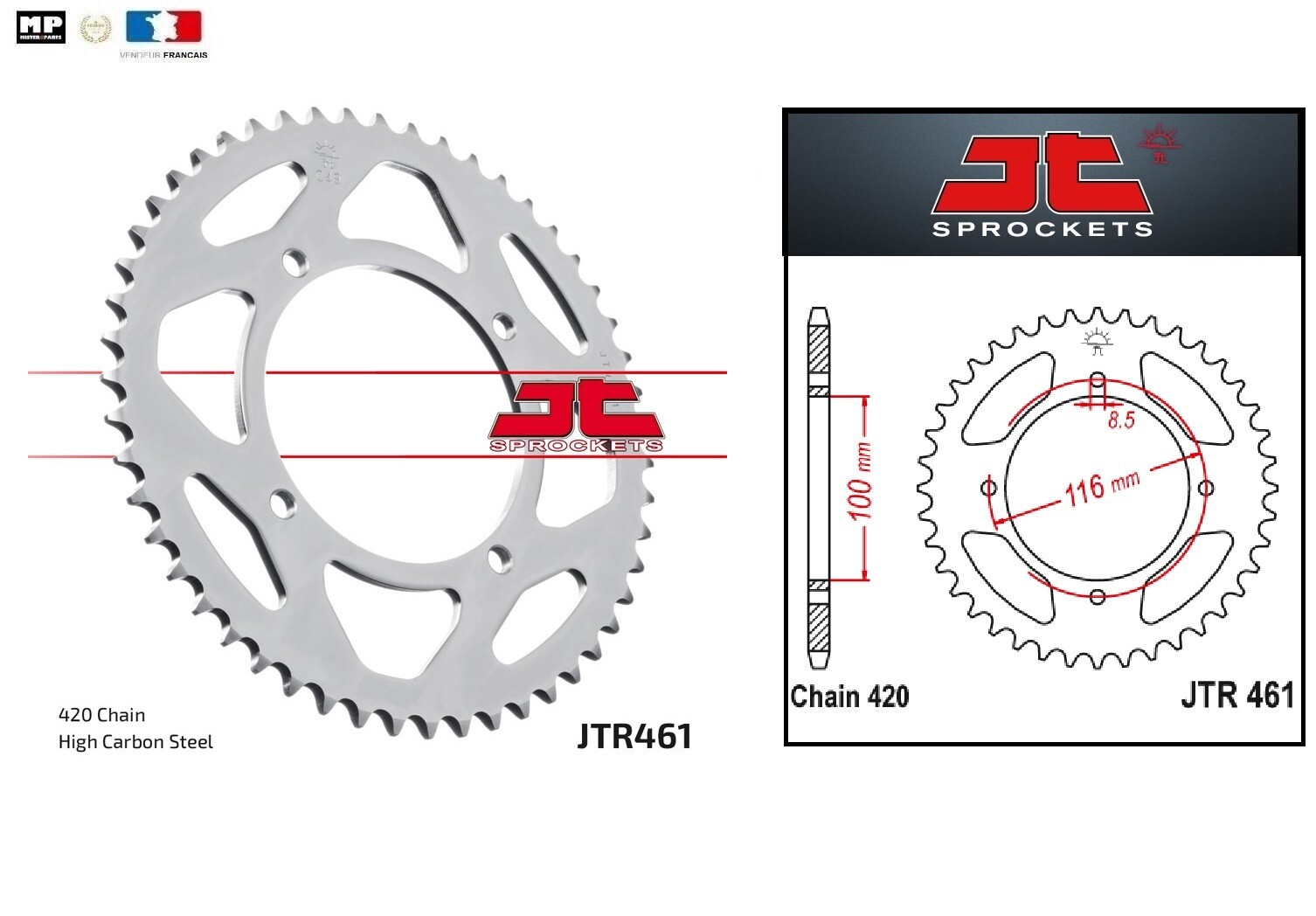 Couronne de kit chaîne 420 Kawasaki KX 85 pignon arrière moto cross 49T