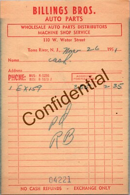 1950s Billings Bros. Auto Parts W. Water St Toms River NJ Ocean County Billhead