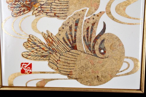 Cuadro de placa de arte enmarcado de porcelana pintada hoja de oro japonés Kanazawa firmado - Imagen 9 de 15