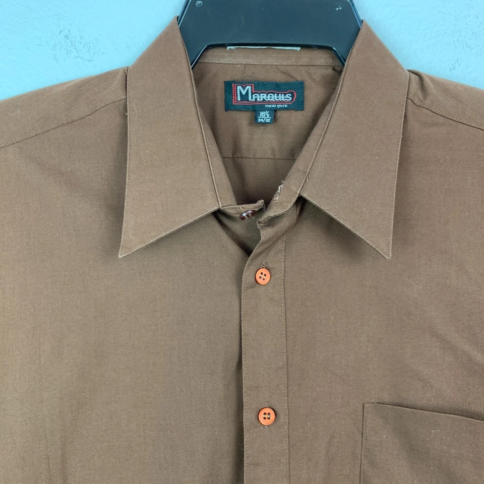 Camisa manga longa vintage anos 60 Marquis New York marrom com botões 16,5 34 35 - Imagem 2 de 4