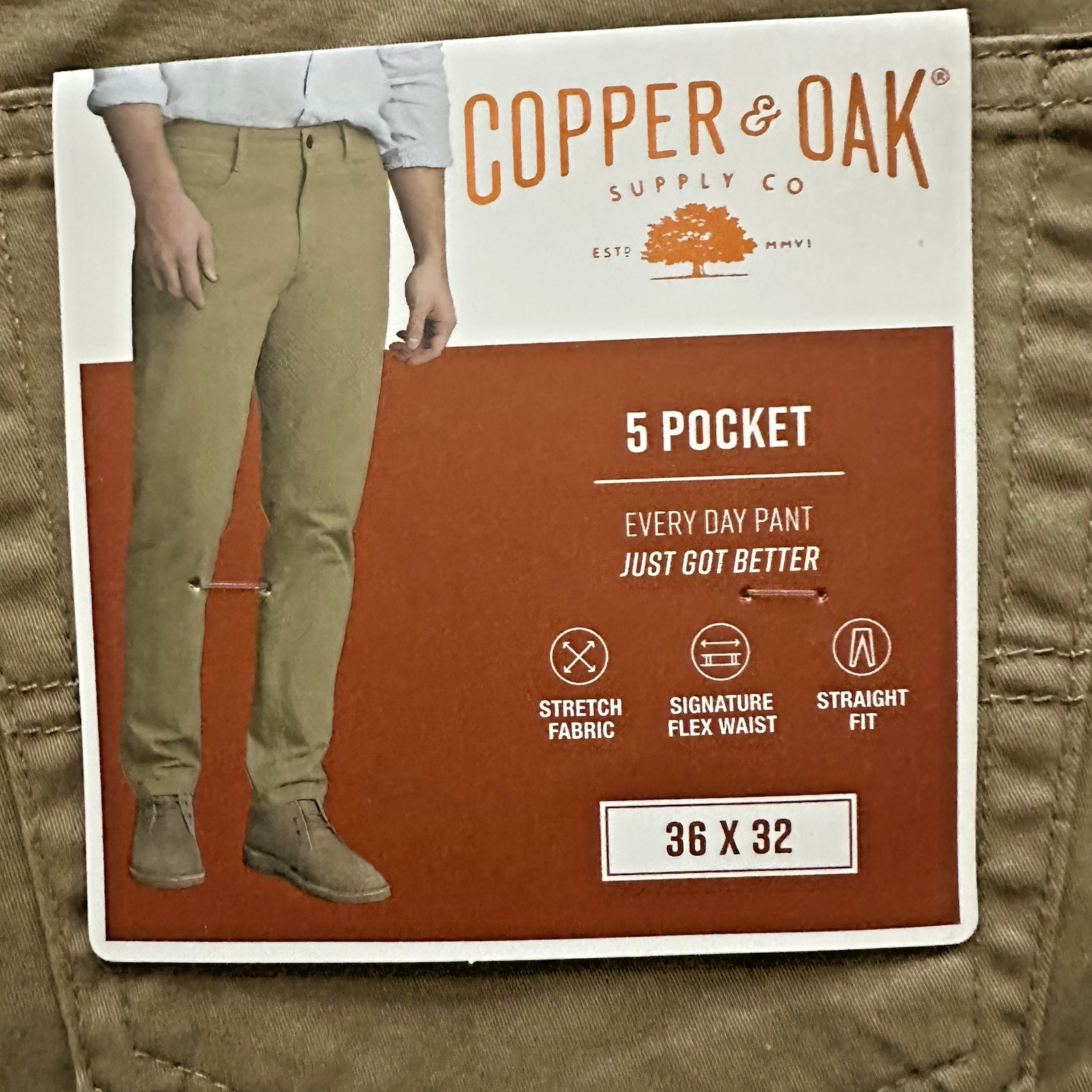 Copper & Oak NWT Men's 36x32 5 Pocket Every Day Pants Sueded Khaki K4F817 NWT$75 image 4