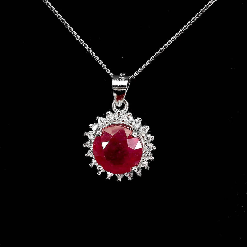 925 Sterling Silver Necklace Round Ruby 8mm Simulated Cz Gemstone Jewelry - Image 2 of 4
