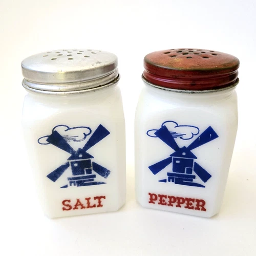 Vintage Hazel Atlas Milk White Glass Dutch Windmills Salt & Pepper Shaker Set