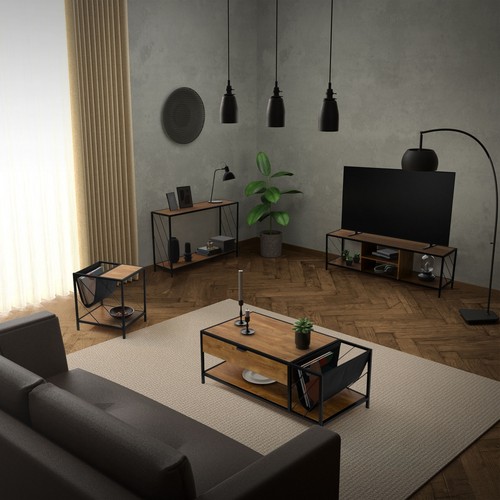 Mesa de salón con 2 estantes mesita auxiliar marrón sofá moderno 48x43x54 cm - Imagen 8 de 9
