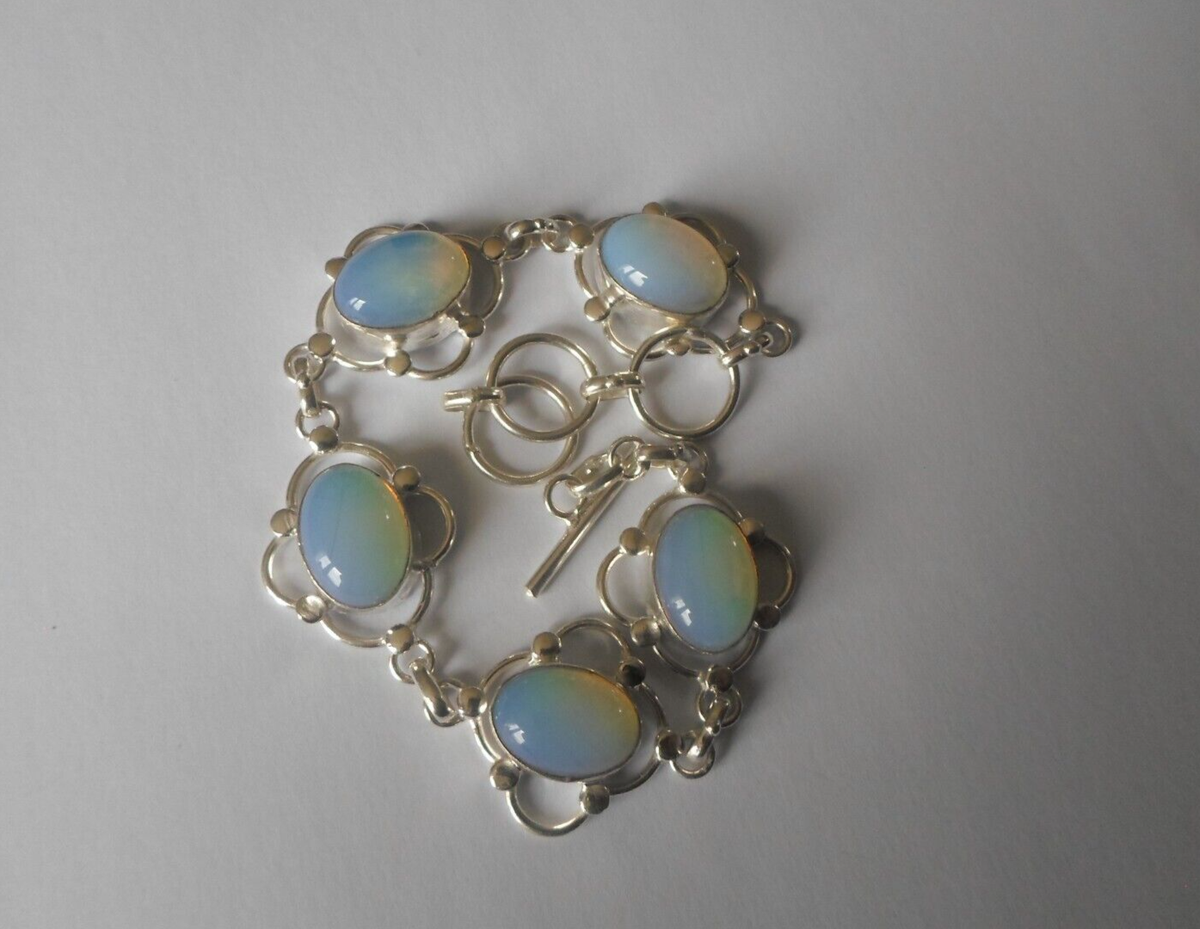 Bracelet En Argent Massif Avec Cabochons De Pierres De Lune - Occasion, Argenté
